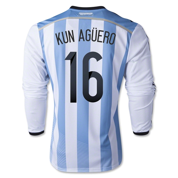 2014 Argentina #16 KUN AGUERO Home Soccer Long Sleeve Jersey Shirt