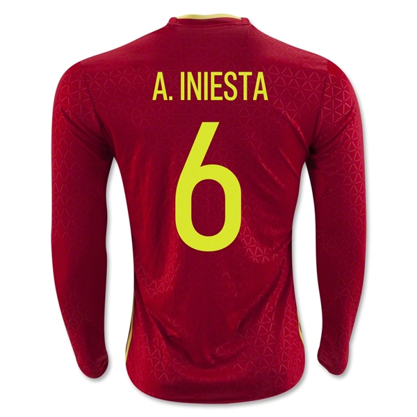 Spain 2016 A. INIESTA #6 LS Home Soccer Jersey